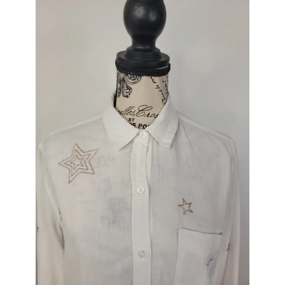 Rails Shirt Womens XS White Charli Metallic Stars Linen coastal summer Celestial